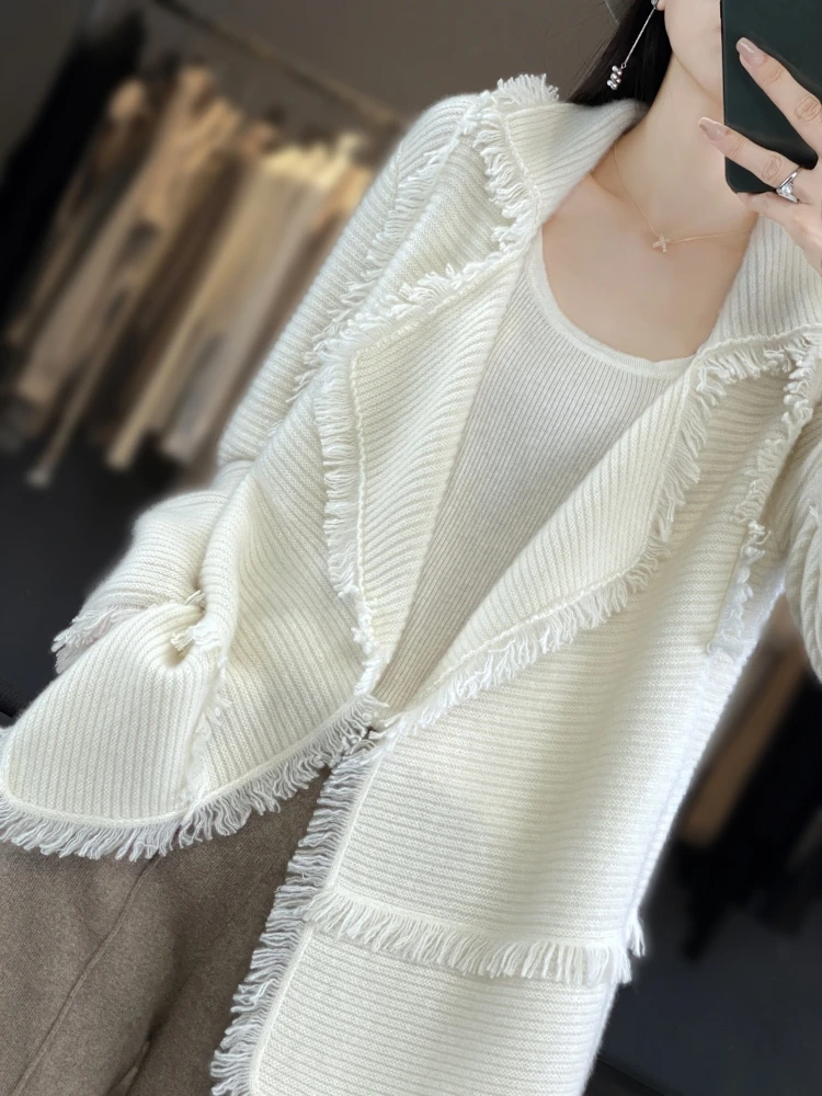 100% Merino Wool Women\'s Clothing Autumn and Winter New Knitted Cardigan Casual Loose Fitting Suit Collar Jacket Fashion Korean