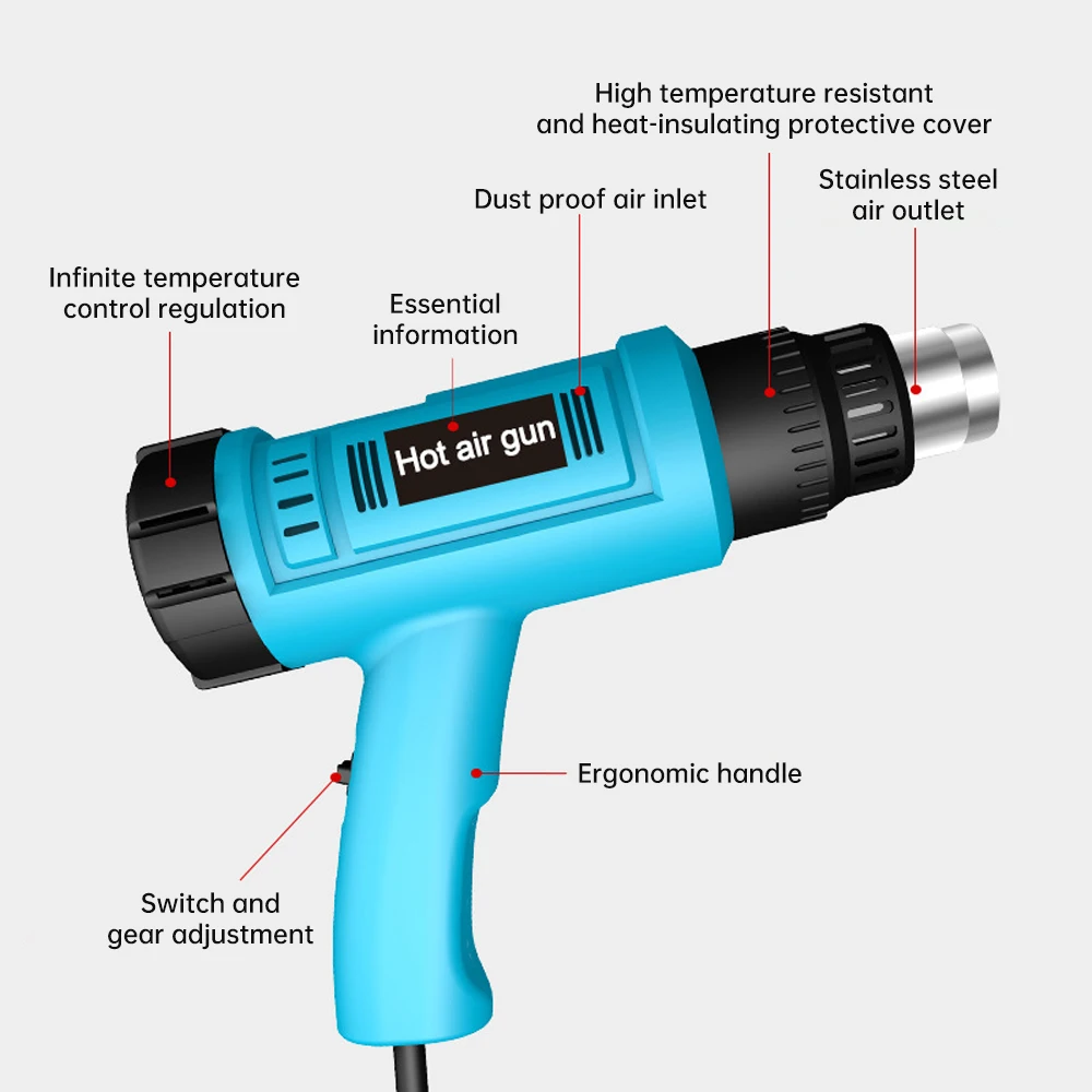 2000W Heat Gun Professional Hot Air Gun Adjustable Temperature Industrial Hair Dryer for DIY Stripping Paint Shrinking PVC Home