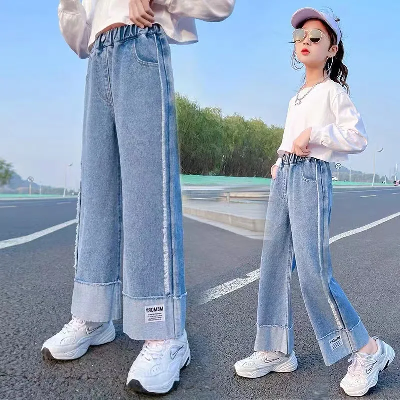 2023 Autumn Girls Jeans For Girl Teenage Elastic High Waist Denim Wide Leg Pants Kids Straight Trousers Children Ripped Jeans