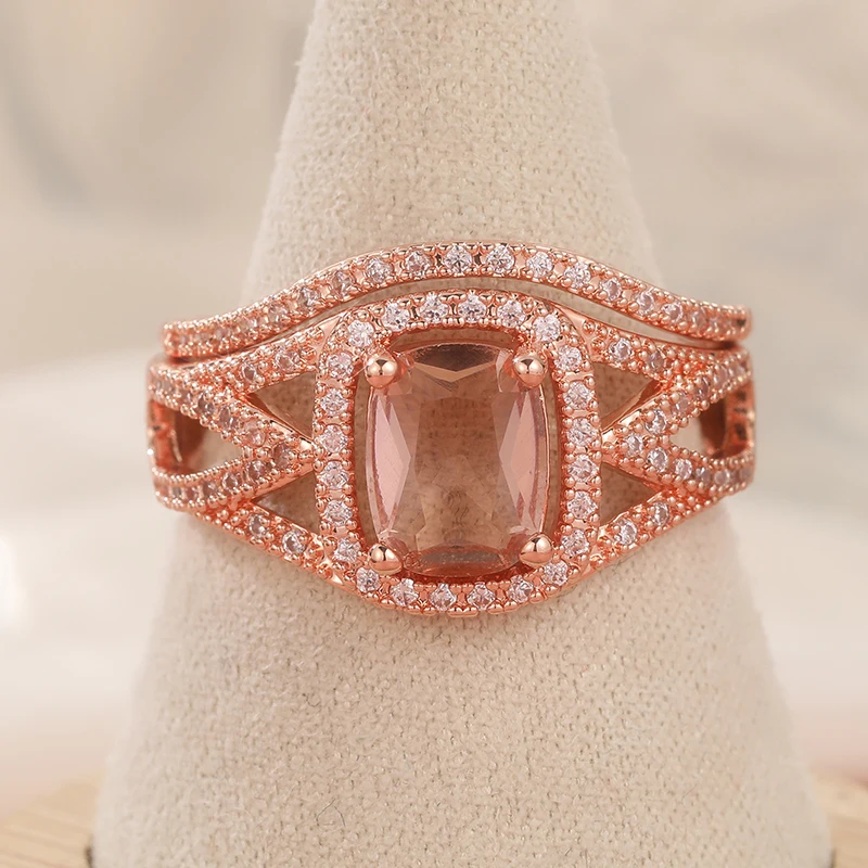 Elegant Romantic Pink Dazzle Synthetic Zirconia Eternal Rings Set for Women Luxury Temperament Wedding Anniversary Charm Jewelry