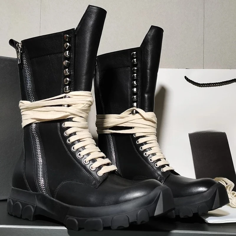 

Высококачественные рыцарские сапоги известного бренда со шнуровкой на молнии, оригинальные роскошные повседневные черные ботинки с круглой головкой на толстой подошве