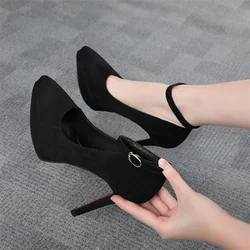 New Sexy Classic 12cm High Heels Women's Pumps Summer Black Shoes Ladies Strappy Pumps Platform Round Head Ankle Strap Footwear