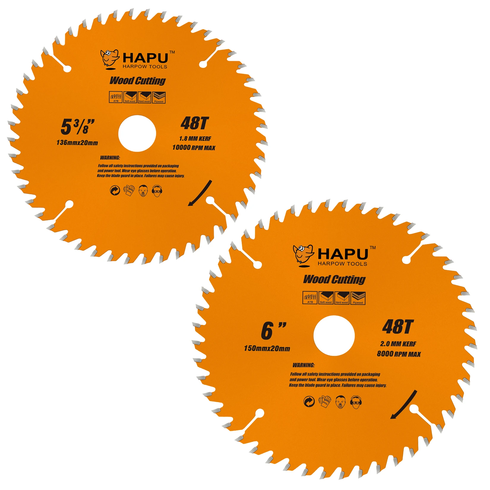 

Набор пильных дисков HAPU (2 шт.) для резки дерева, 5 3/8" и 6" с твердосплавными напайками TCT, 48 зубьев, для каркасных работ, хвостовик 20 мм