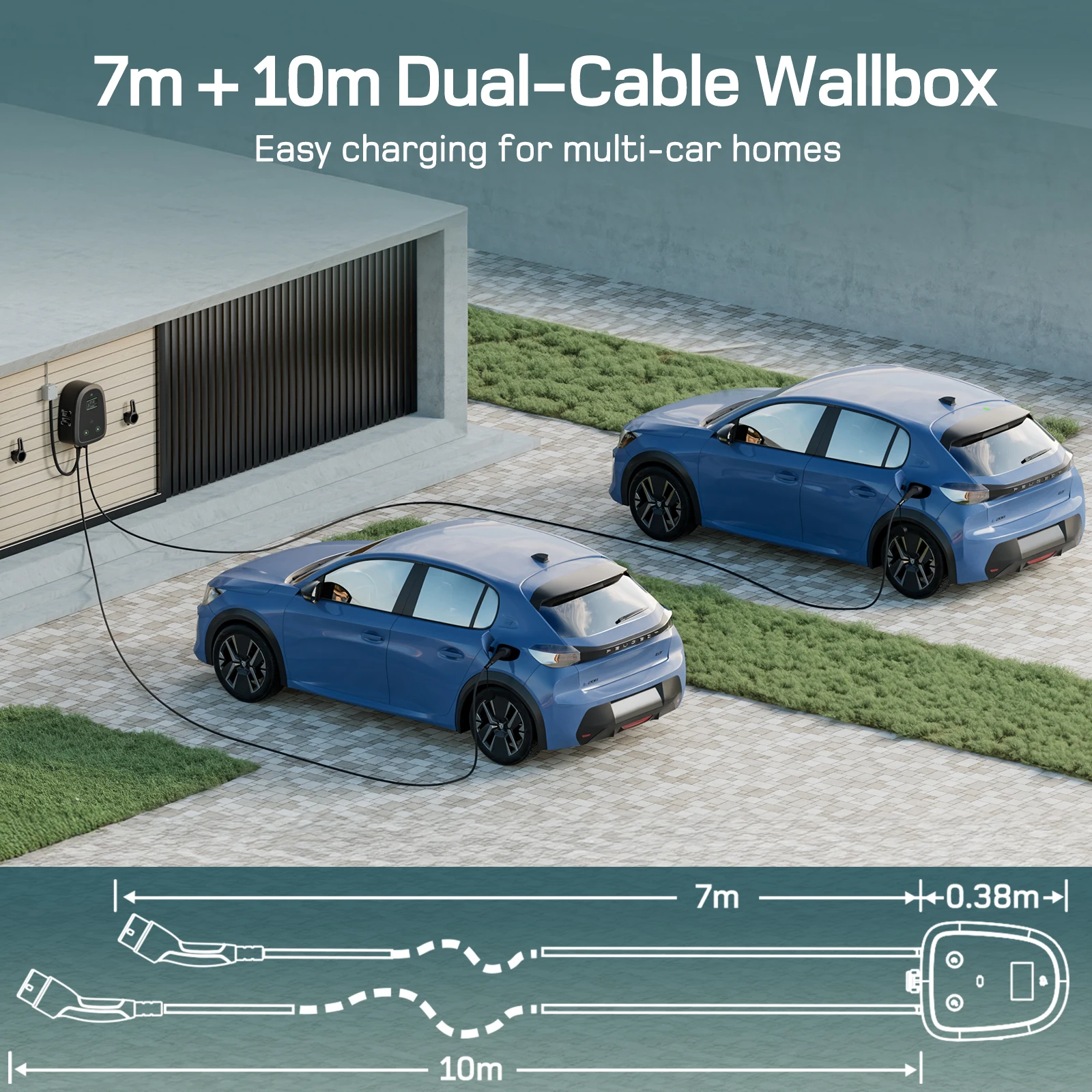 dé شاحن مزدوج Wallbox 11kW X 2 EV مع كابل 7m و10m من النوع 2 3-Phase 6A-32A App OCPP RFID للتحكم في بطاقة التحميل الديناميكي