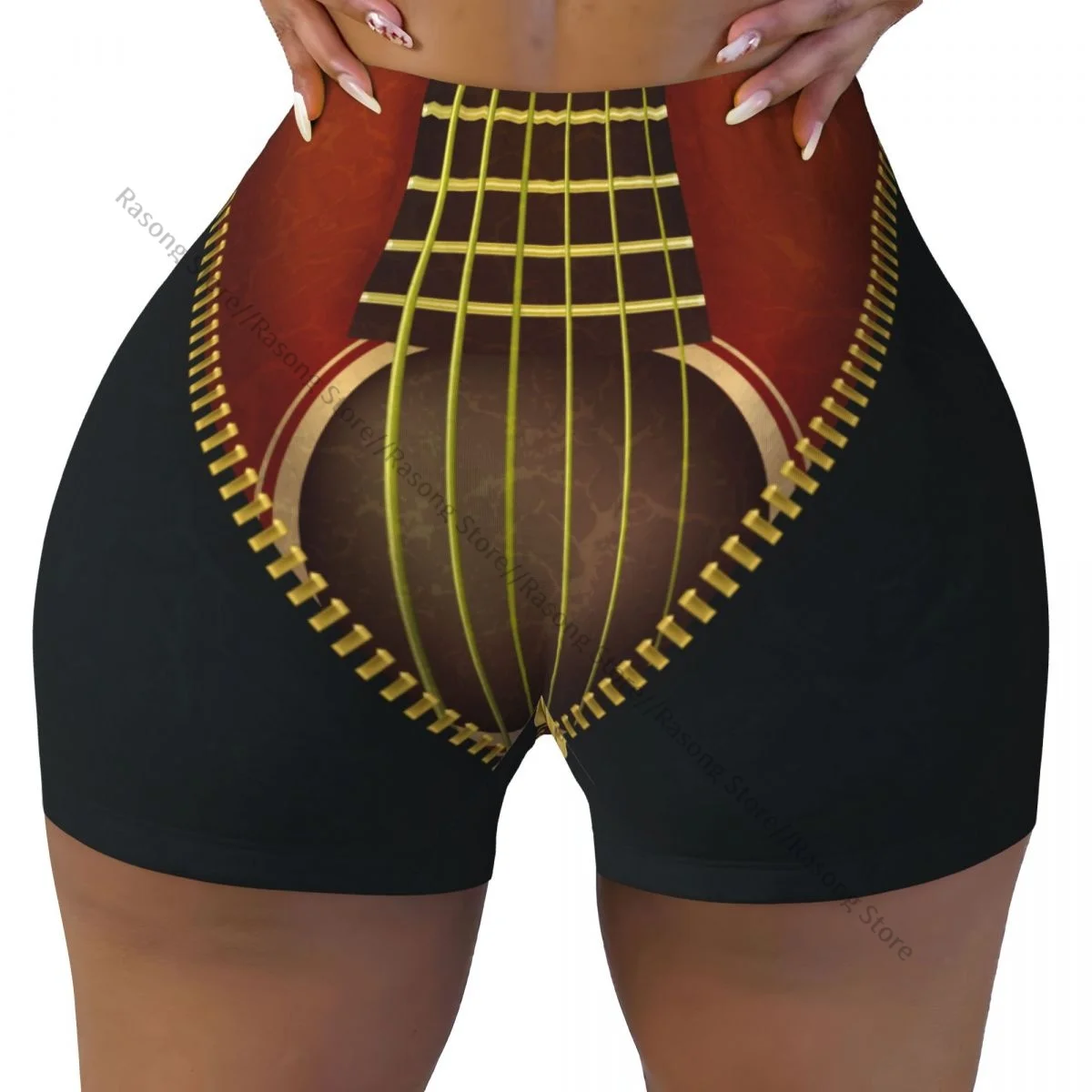 Women's Yoga Shorts Abstract Music Vintage Guitar And Open Zipper Scrunch Booty Butt Lifting Comfort Fitness Gym