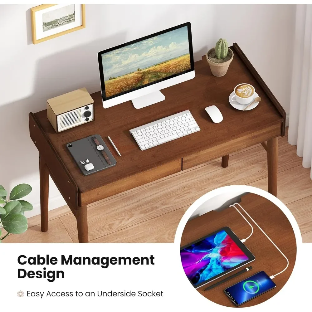 Medieval modern office desk, 39.5 bamboo computer desk with 2 drawers and open storage rack, makeup and dressing table