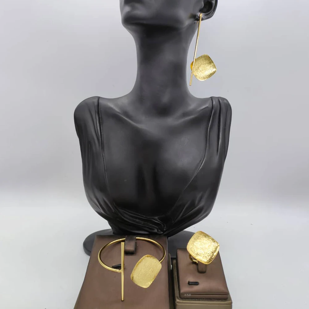 Dubai Gold Plated Earrings and Ring Jewelry Set for Party Dangle Earrings and Cuff Bangle Ring Set for African Jewellery Gifts
