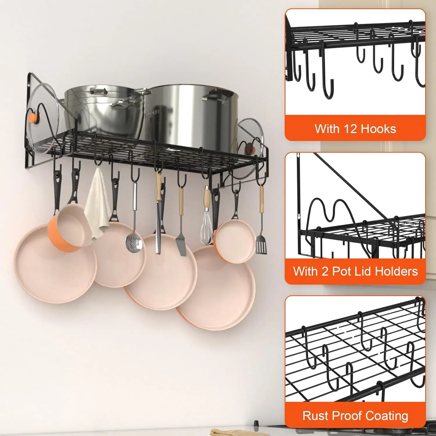 Heavy Duty Wall Mounted Pot Rack with 12 Hooks and 2 Pot Lid Holders, Metal Pots and Pans Organizer Shelf, Hanging Cookware Utensil Storage Rack for Kitchen