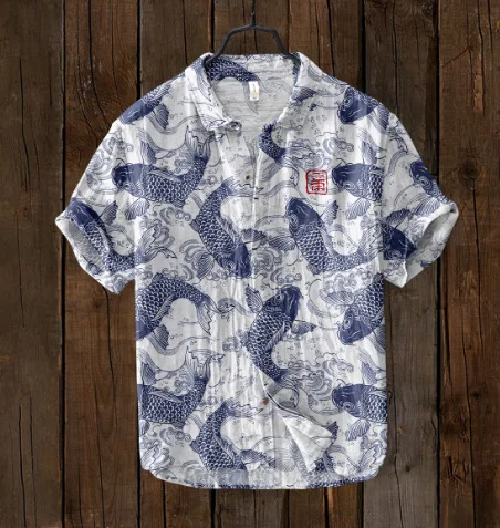 Hawaii\'s new Chinese art carp pattern printed men\'s short sleeved shirt, comfortable linen fabric for casual street wear