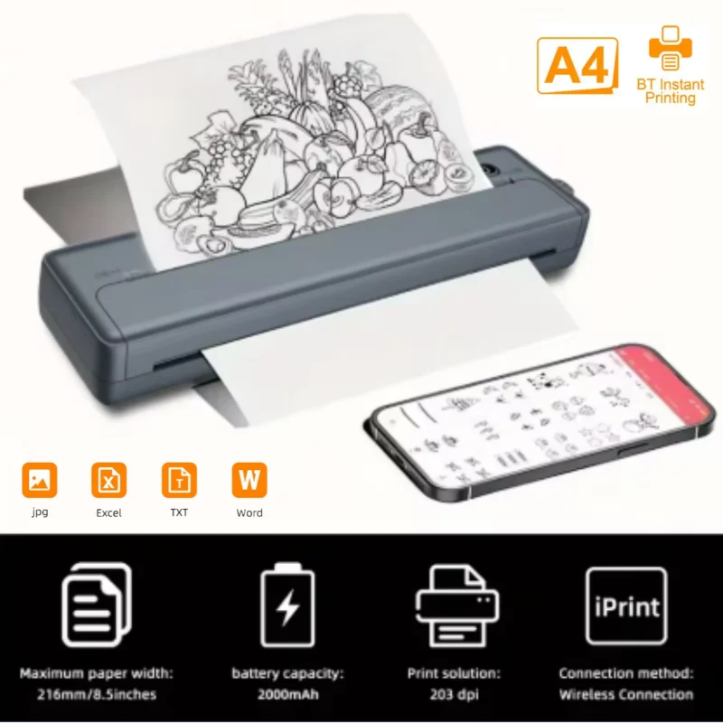 

2025 Portable Inkless Wireless A4 Thermal Printer Bluetooth 2000mAh USB Type-C Tattoo Transfer Excel Word Document Photo Printer