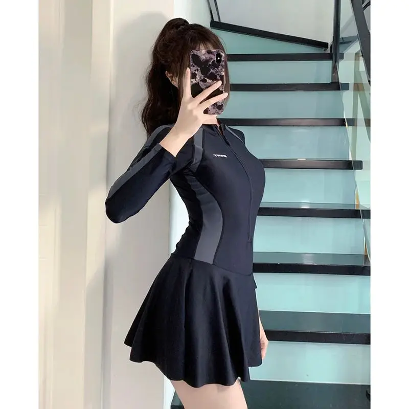 Elegant Fashion Korean Style Swimsuits Women All Match Long Sleeve Lady Swimwear Sexy Fashion Dress Patchwork Y2K Female Clothes