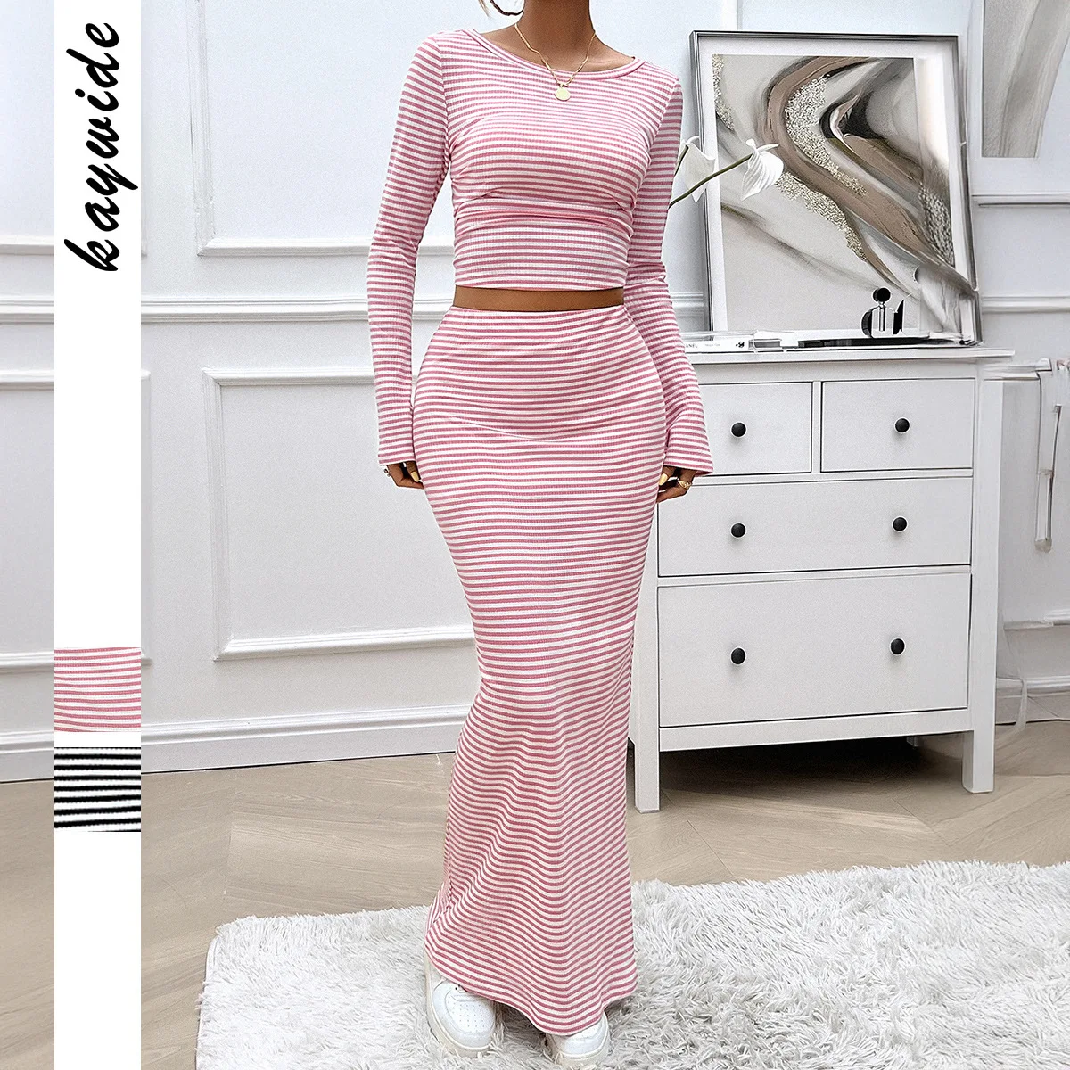 

Diyun Y2K пикантная футболка и юбка в полоску для девочек, женский комплект Faion, весна-лето, повседневный длинный све, женский комплект средней жизни