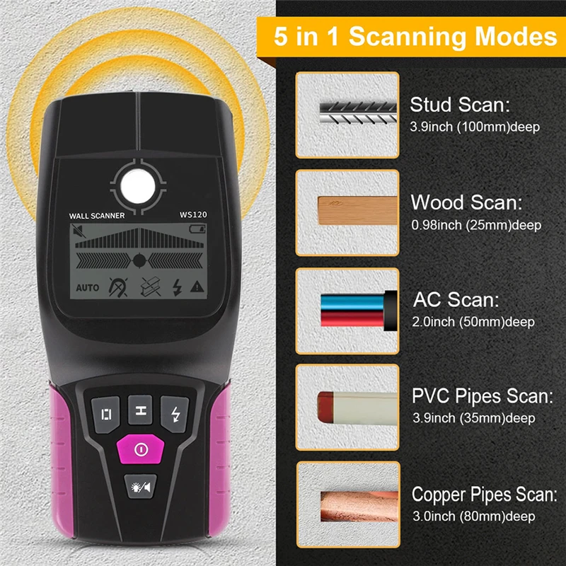 WS-120  Metal Detector Backlit Black AC Wood Stud Finder Cable Wires Depth Tracker Undeground Sturs Wall Scanner LCD HD Display