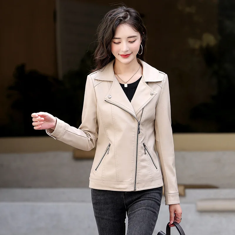 جديد إمرأة كلاسيكي معطف جلد ربيع الخريف 2025 بدلة على الموضة طوق سليم قصير جلد الغنم ملابس خارجية السائق سترة جلدية الإناث