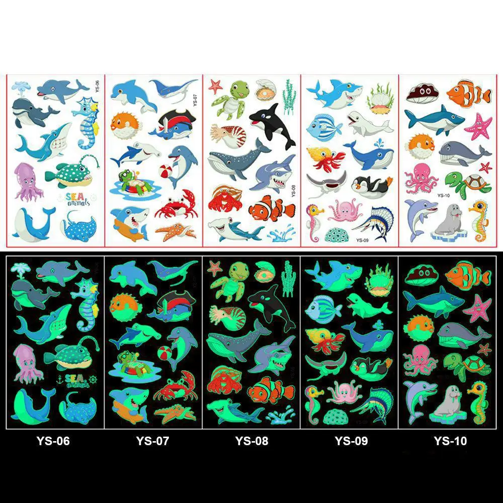 5Pcs/set Luminous Night Tattoo Stickers For Children Fish Dolphin Temporary Waterproof Tatto Body Art Kid Cartoon Fake Tatoo