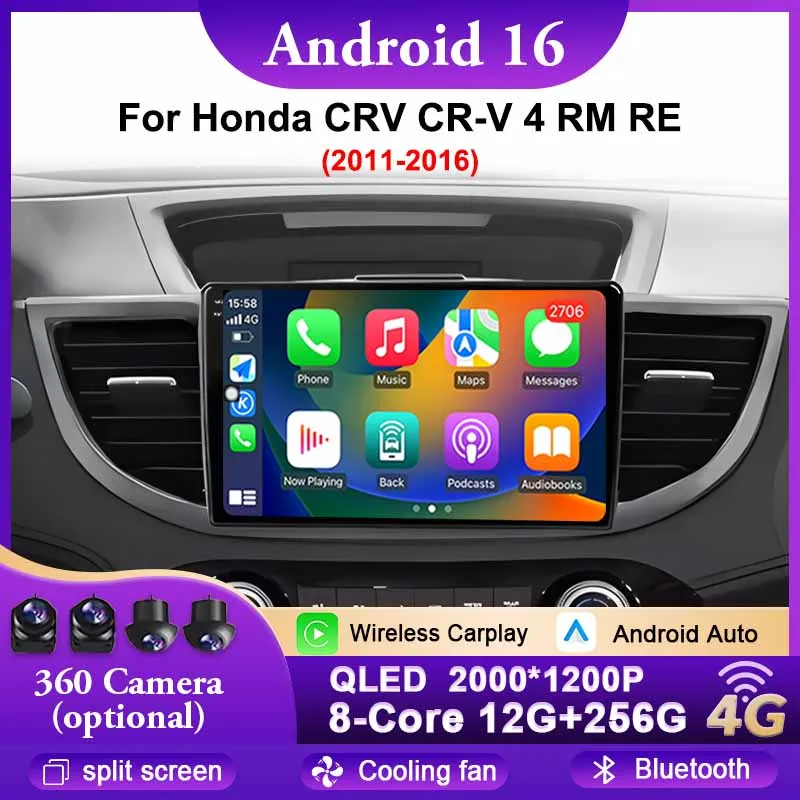 

10 inch Car Radio For Honda CRV CR-V 4 RM RE 2011-2016 Carplay Android 16 Multimedia Navigation BT Head Unit 2K QLED Screen DSP