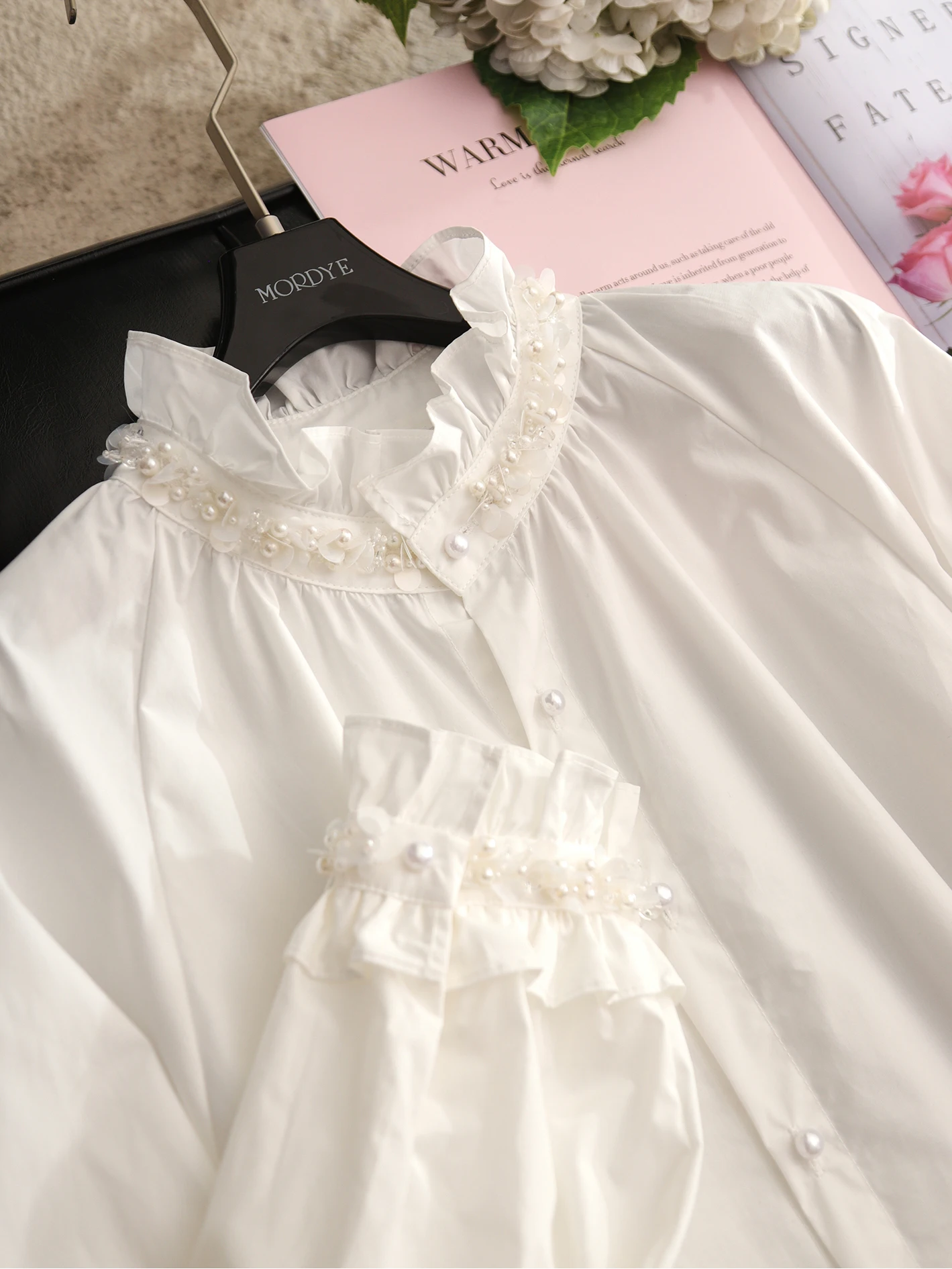 

Elegant Style Long Sleeve White Shirt Floral Embellished Bell Cuff Button up Cotton Top Spring Fashion Original Design