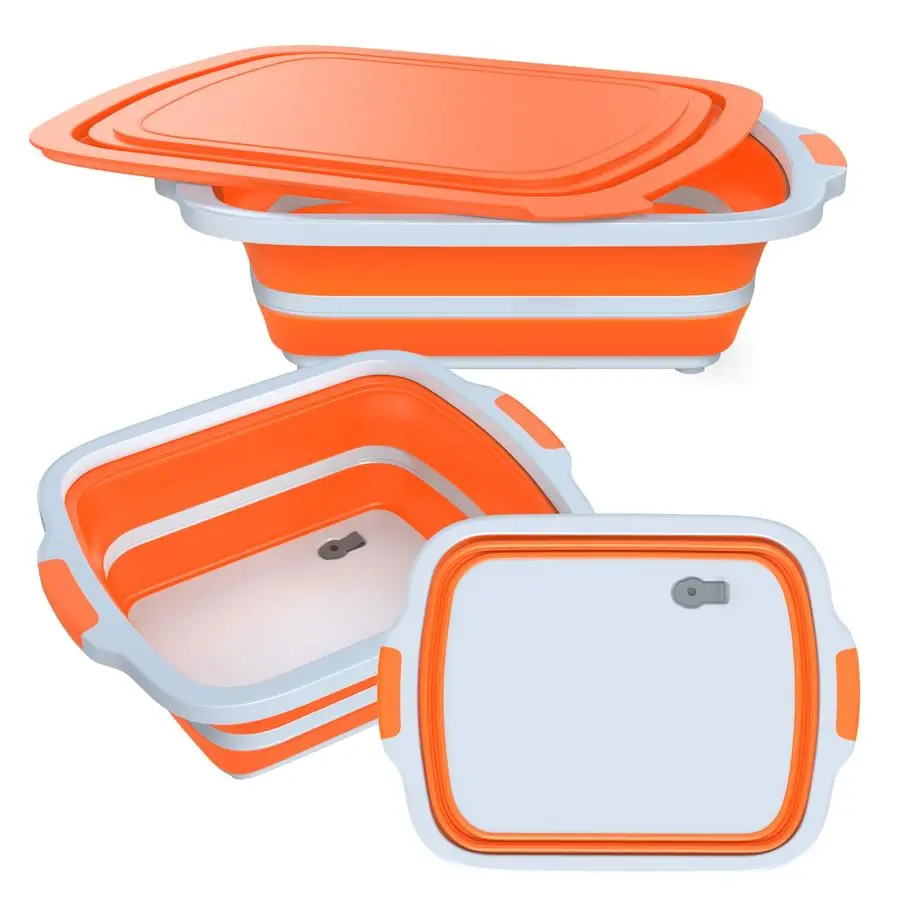 

XL Collapsible BBQ Prep Tub with BuiltIn Cutting Board, Lid amp Strainer Marinate, Drain amp Prep Large FoodSafe Container Perfe