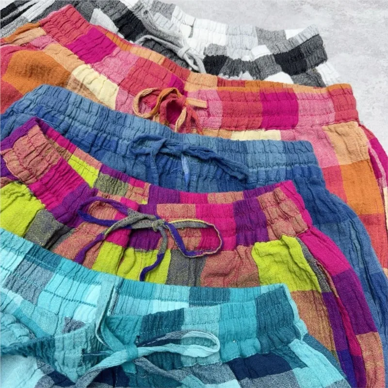 Johnature Pantaloncini da donna in lino tinto in filo nuovo estivo casual 2025 Pantaloncini da casa per le vacanze con cravatta allentata multicolore in vita elastica semplice