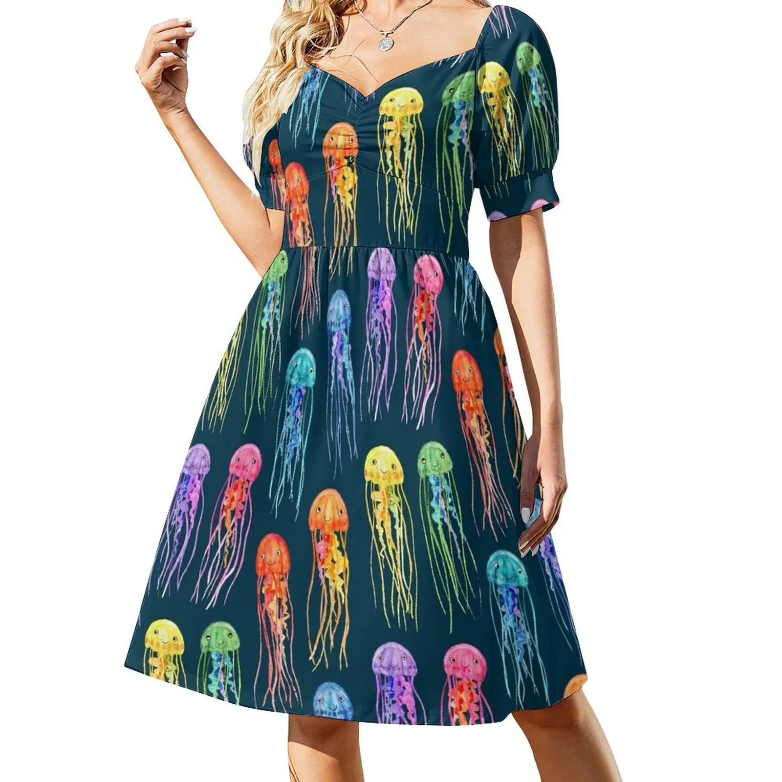 

Rainbow Watercolor Jellies on Dark Teal Short Sleeved Dress summer dresses womens 2025 sexy dress for women purple dress