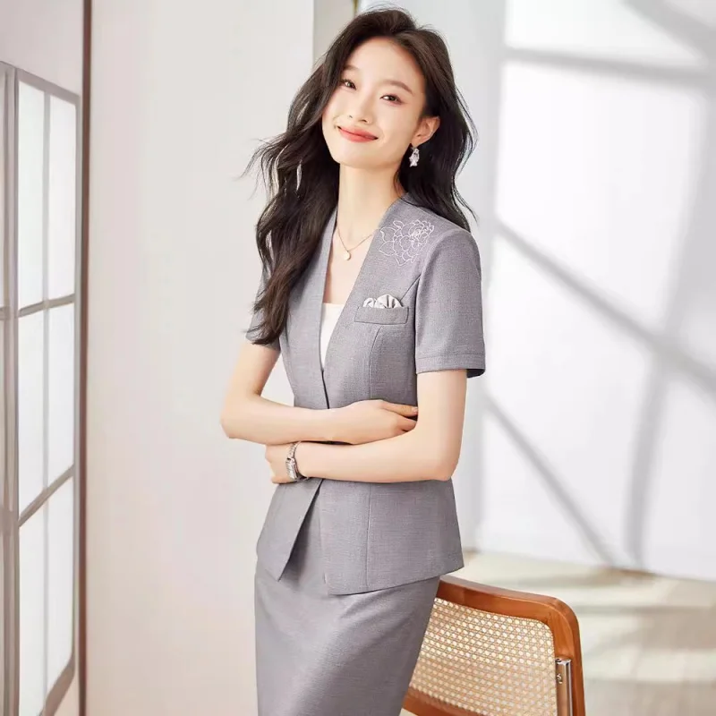 

Gray Business Suit Women's Summer Short-Sleeved Elegant Jewelry Shop Workwear Building Sales Department Workwear Suit Skirt