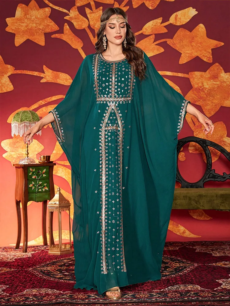 

Embroidery Sequins Batwing Sleeve Abaya Muslim Dress Women Robe Ethnic Dubai Moroccan Kaftan Ramadan Arabic Islamic Clothes Gown