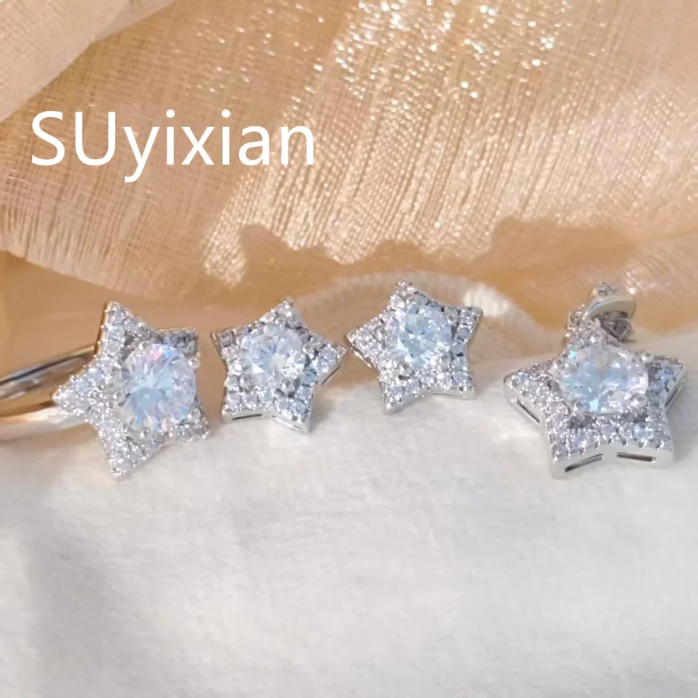 925 Sterling Silber Elegantes Modisches Stern-Zirkon-Ring-Ohrringe-Halsketten-Set Geburtstags-Party-Jubiläums-Geschenk