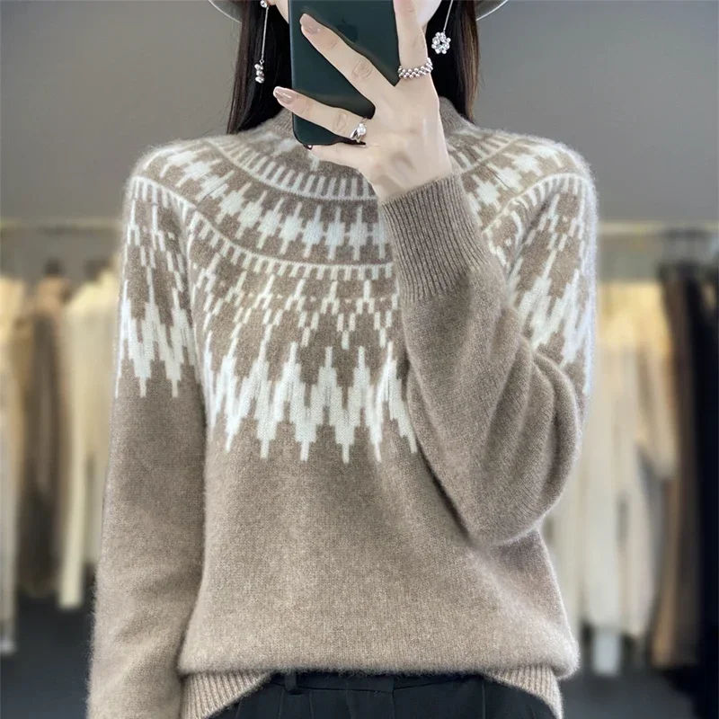 Women New  Blend Sweater Half-high Collar Jacquard Pullover Autumn Winter Bottoming Shirt Casual Warm Knitting Tops