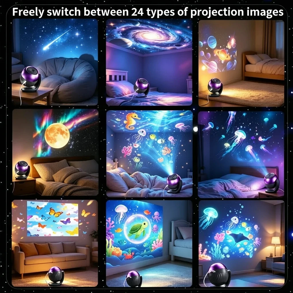 24-in-1 Starry Sky Projector Night Light 7 White Noise Sleep Lamp 60/90Min Timer 180° Adjustable Projection Light for Bedroom