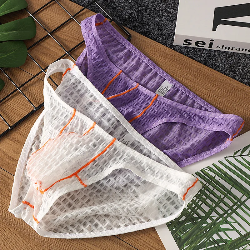 

Men's Sexy Sheer Lingerie Jacquard Ice Silk Underpants Low-rise U Convex Briefs Thin Breathable Seamless Panties Underwear