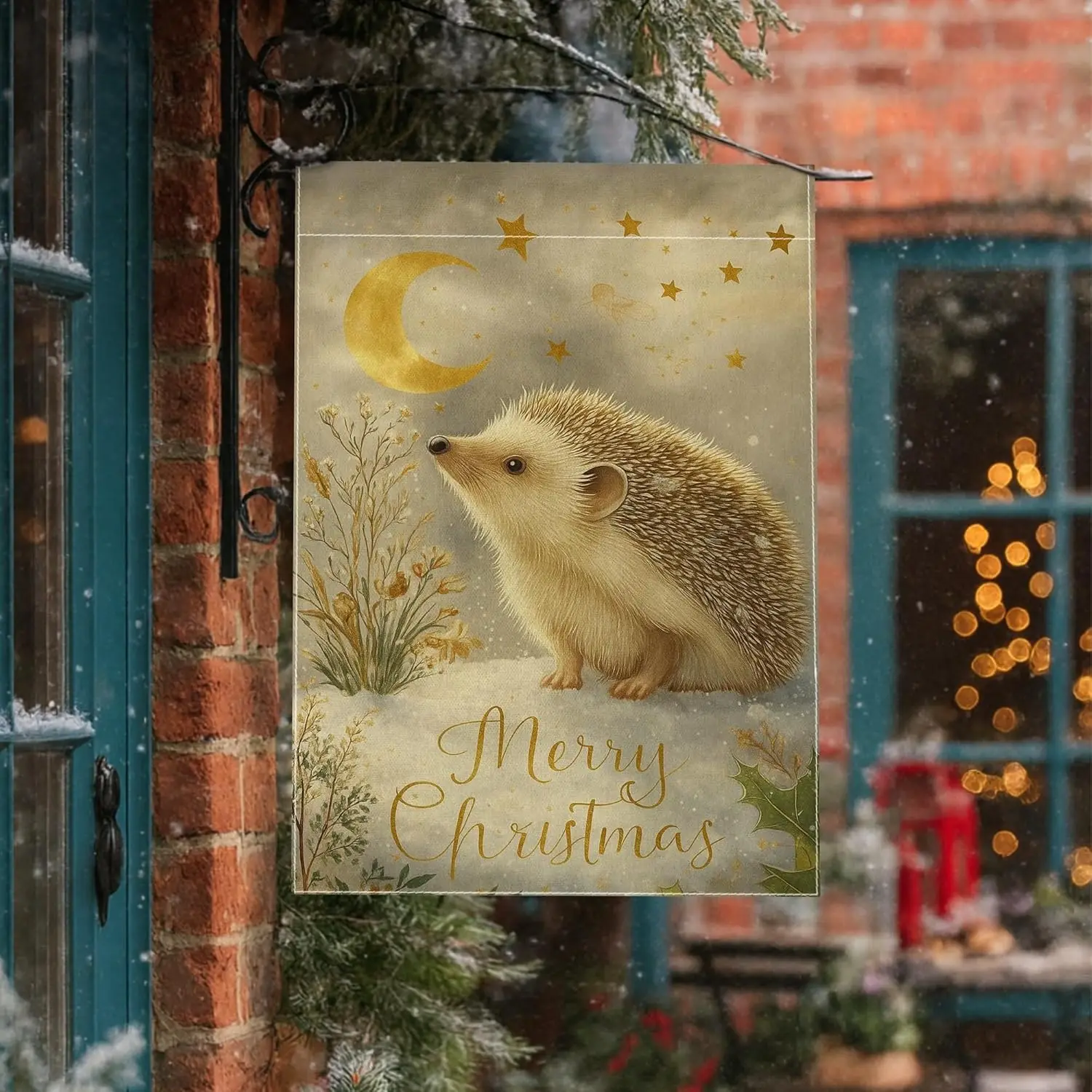 Hedgehog House Flag, Christmas Fanciful Moon Stars Xmas Gold Burlap Double Sided Outside Large Garden Flag for Outdoor Patio IIC