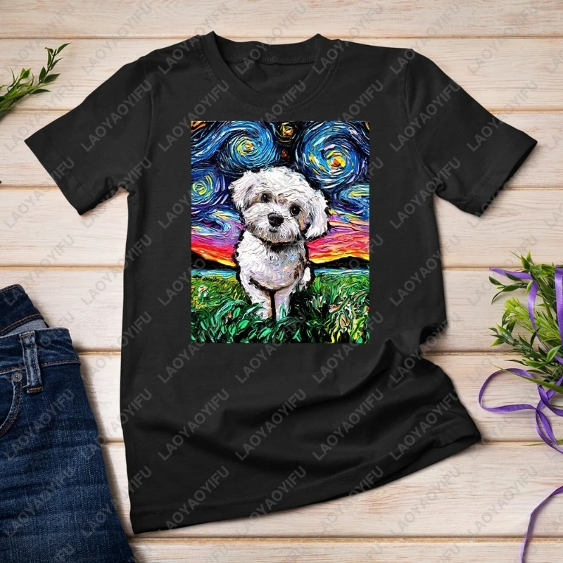 Maltipoo noche estrellada blanco maltés caniche perro arte camiseta Unisex moda Kawaii estampado Tops hombres mujeres estudiante viajero Camiseta de algodón