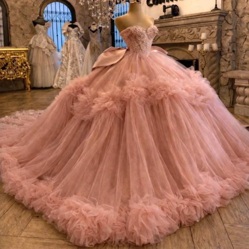 

Light Pink Quinceanera Dress off-shoulder Glitter Crystal Decal Lace Ruffles Long tail Bow vestidos de 15 Quinceanera ﻿Customize