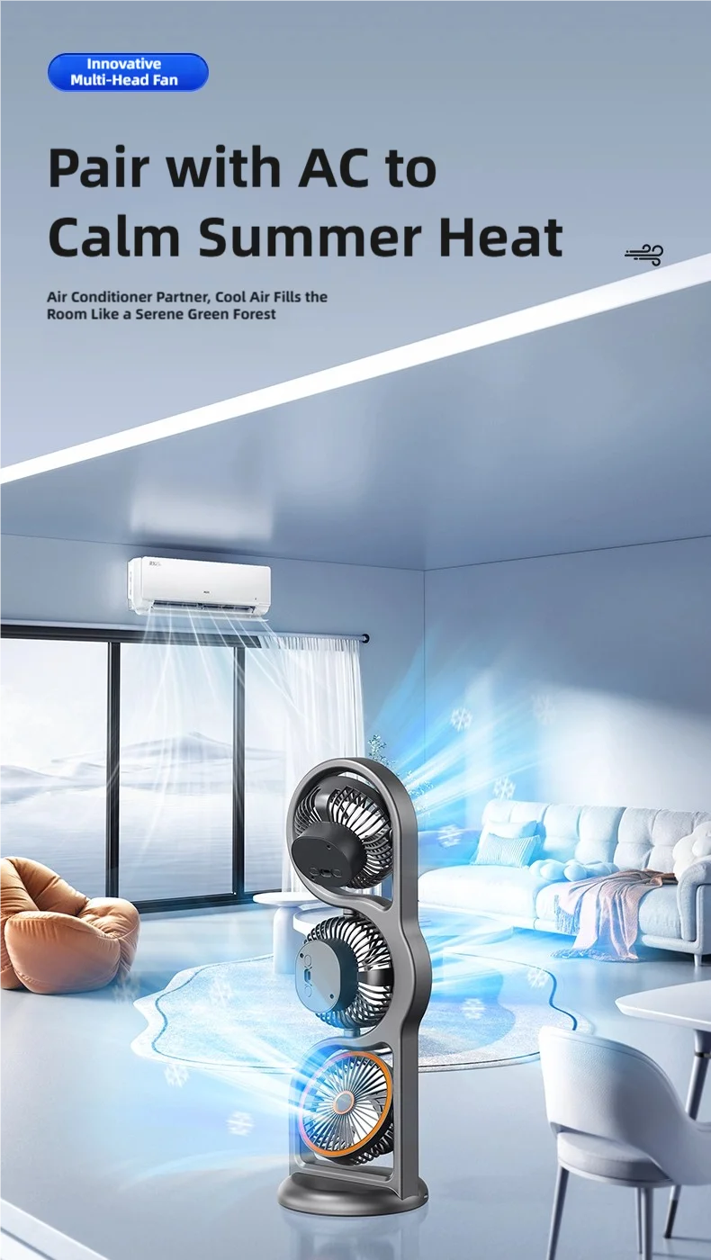 TINSOL 2026 New Portable USB Rechargeable Three-Head Fan – 360° Circulation, 5-Speed Wind, Dormitory and Outdoor Desktop Fan