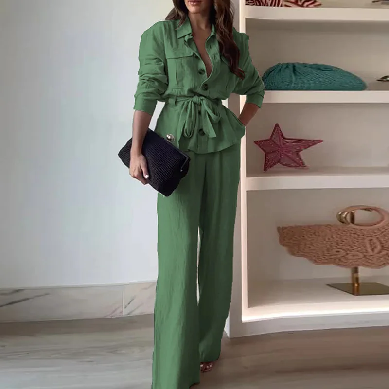 2025 nuevo otoño temperamento traje de fiesta Oficina señora solapa camisa de manga larga traje Retro Color sólido pantalones largos sueltos conjunto de 2 piezas
