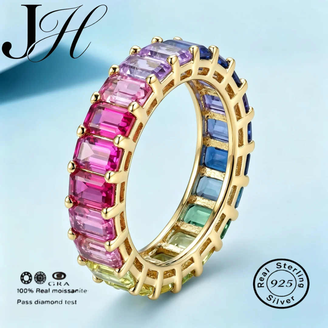 JH Rainbow Gradient Cultivated Sapphire Eternity Band Rings For Women 925 Sterling Silver Emerald Cut Full Gemstone Finger Ring