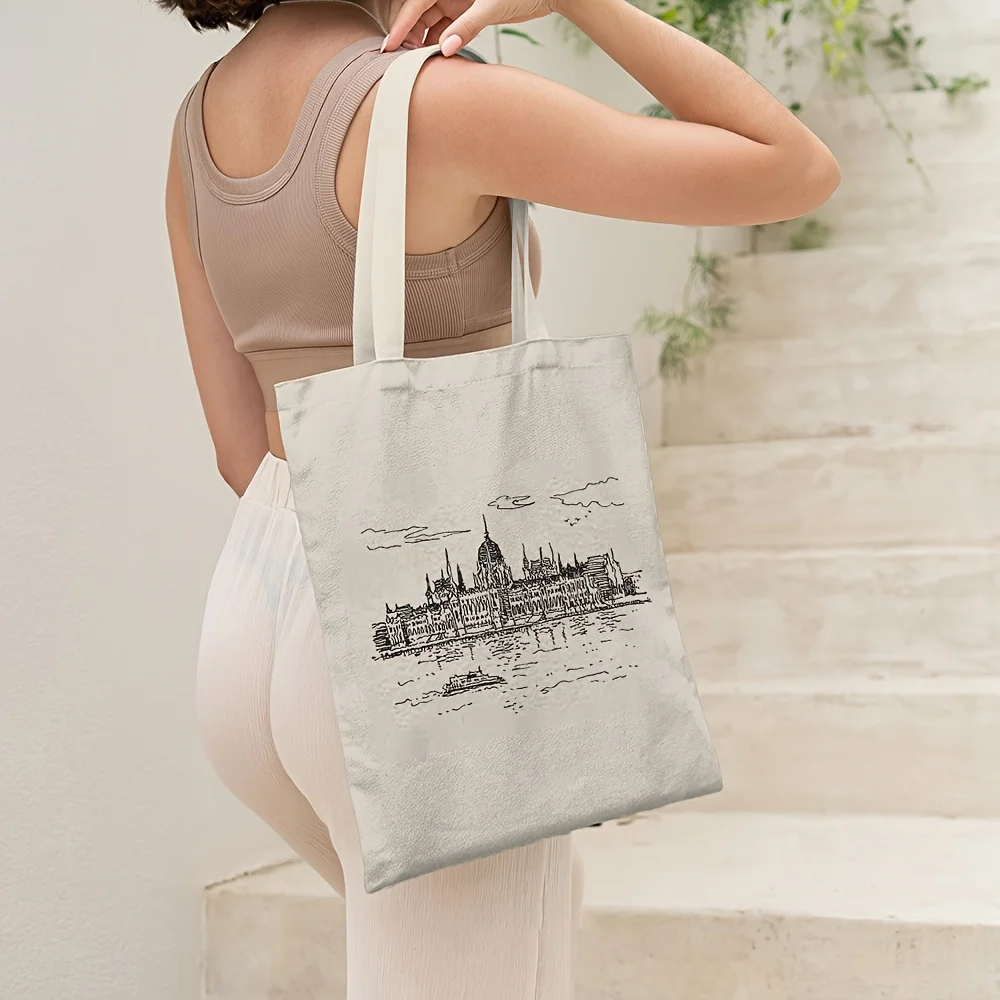 2D Flat Printing 1pc, Women's Durable Beige Tote Bag with Sketch Of Budapest, Hungary, And Eiffel Tower Design- Casual Shoulder