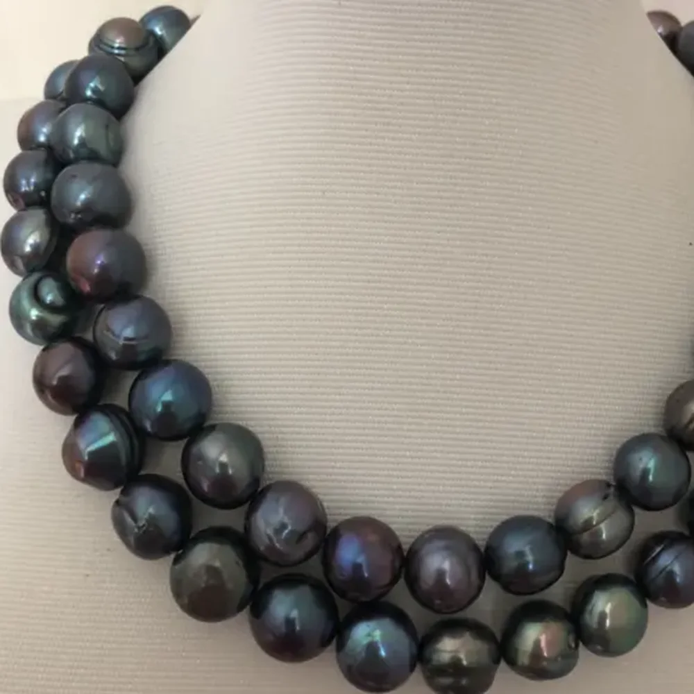 Two rows+single row AAA 11-12mm Tahiti Baroque Black Pearl Necklace 925S 18/19'19/20 inch+18 inch