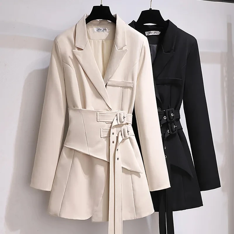 Women Blazer 2023 Autumn Women Clothing Belt Coats Long Sleeve Jacket Women Irregular Suit Dress for Women OL Solid Blazer Femme