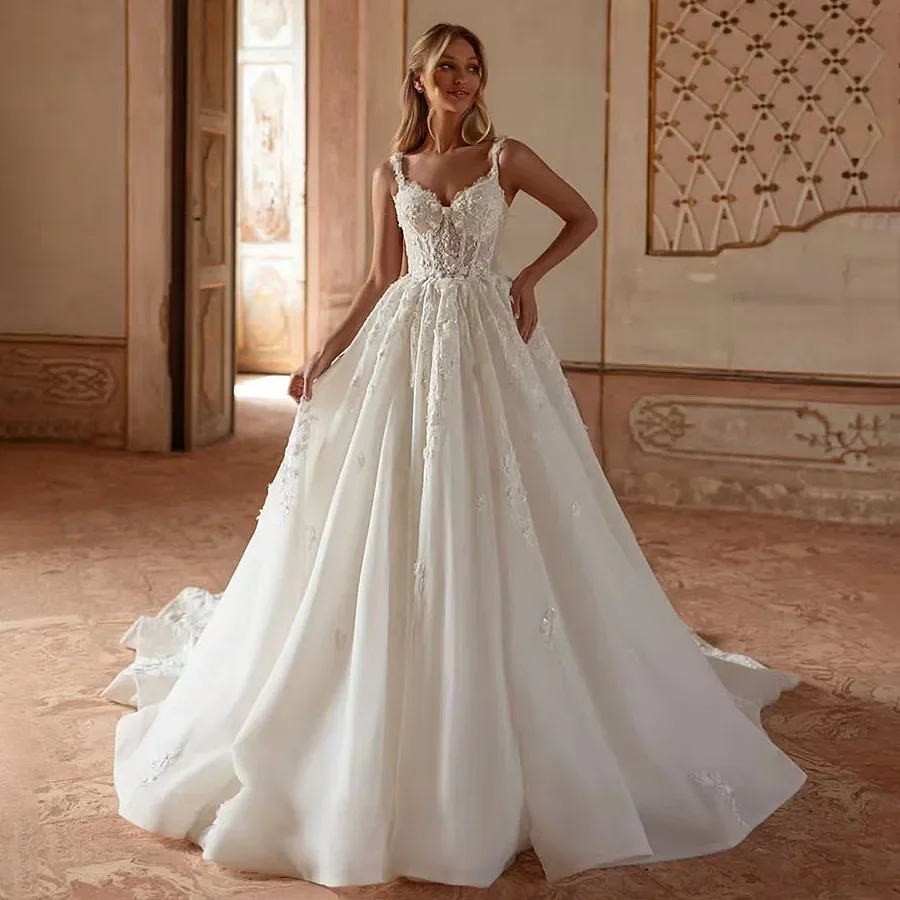 Customized Sleeveless Beaded Princess Style Lace Wedding Dresses Sweetheart A-Line White Bridal Gowns