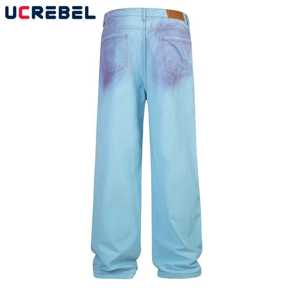 Gradient Dyed Casual Pants Mens Distressed High Street Loose Straight-leg Wide Leg Trousers Men