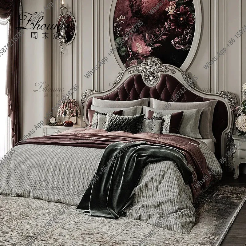 French retro solid wood double bed antique carved soft bag backrest master bedroom wedding bed pull button single bed