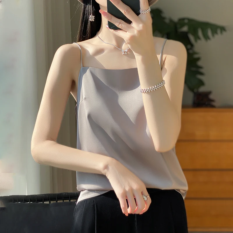 Women\'s Sexy Top Halter Low Cut Underwear Basic Sleeveless Satin Silk Vest Sexy Comfortable Silky Lingerie Halter Top-D19