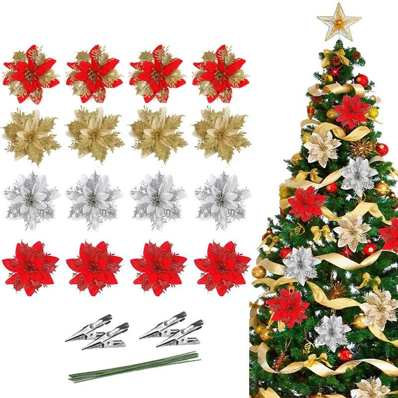 

5PCS Glitter Poinsettia Artificial Xmas Flowers Ornaments for Christmas Tree Decorations Fake Flowers Head Christmas Decoration