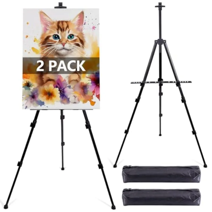 2 Pack Adjustable Art Easel Stand for Painting and Display, 17-66in Aluminum Metal Tripod with Carry Bag, Portable Travel Easel