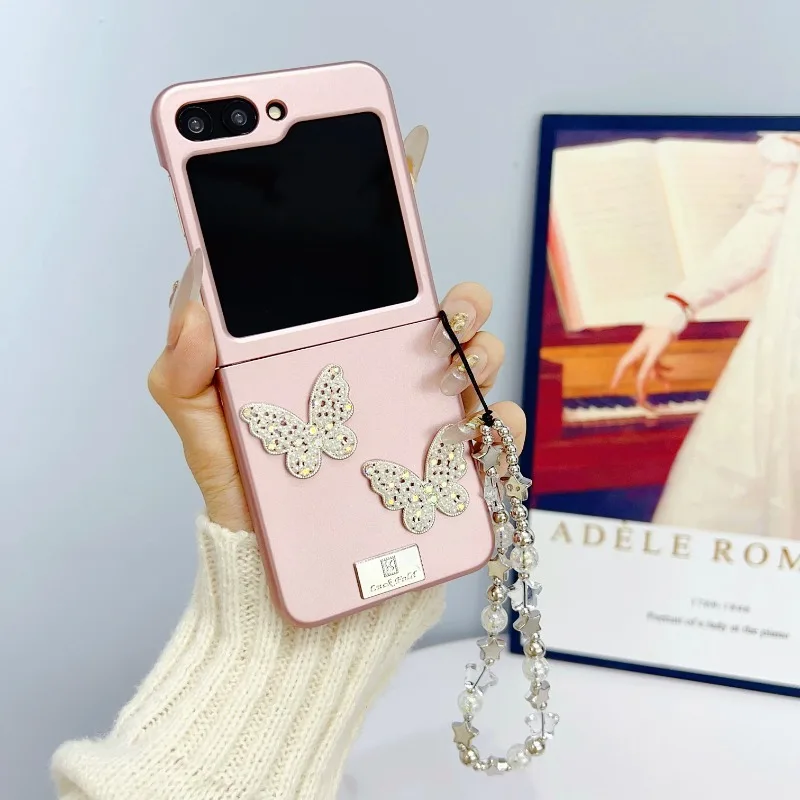 Korean Cute Cartoon Butterfly Bracelet Phone Case for Samsung Galaxy Z Flip 6 5 4 Flip6 flip5 z6 z5 Wrist Chain Pink Cover Capa