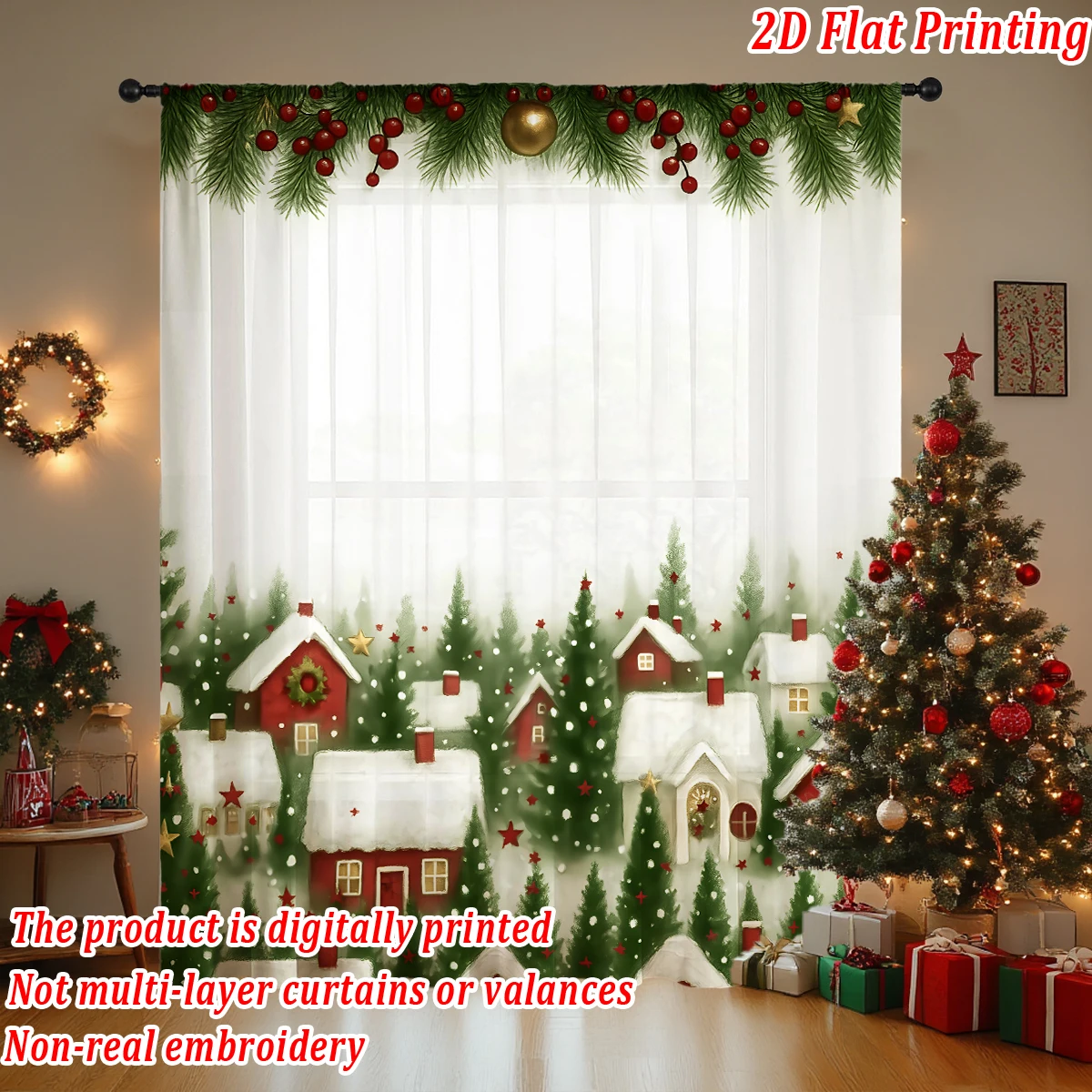 Cortina transparente con estampado plano de Navidad, casa de árboles de Navidad, baya de copo de nieve para decoración de sala de estar y dormitorio, fiesta navideña
