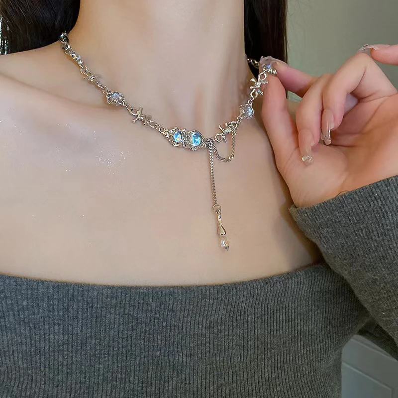 JWER Trendy Bling Moonstone Star Cross Pendant Necklace for Women