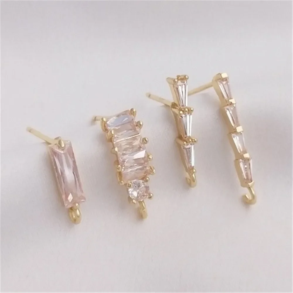 14K Gold-plated Rectangular Zirconia T-shaped Zircon with Hanging Earrings 925 Silver Needle DIY Ear Accessory E216