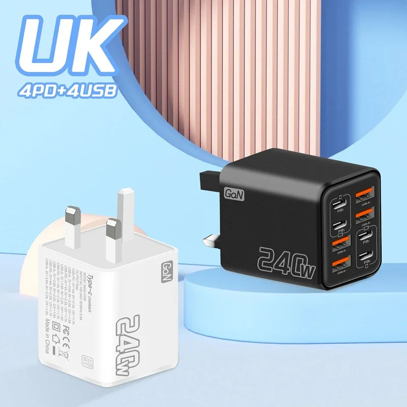 Lenovo 240W Multi-Port-Ladegerät mit PD-Schnellladung, 4 USB + 4 Typ-C-Ladestation für Smartphones, Universeller EU-US-UK-Stecker – Detail 4